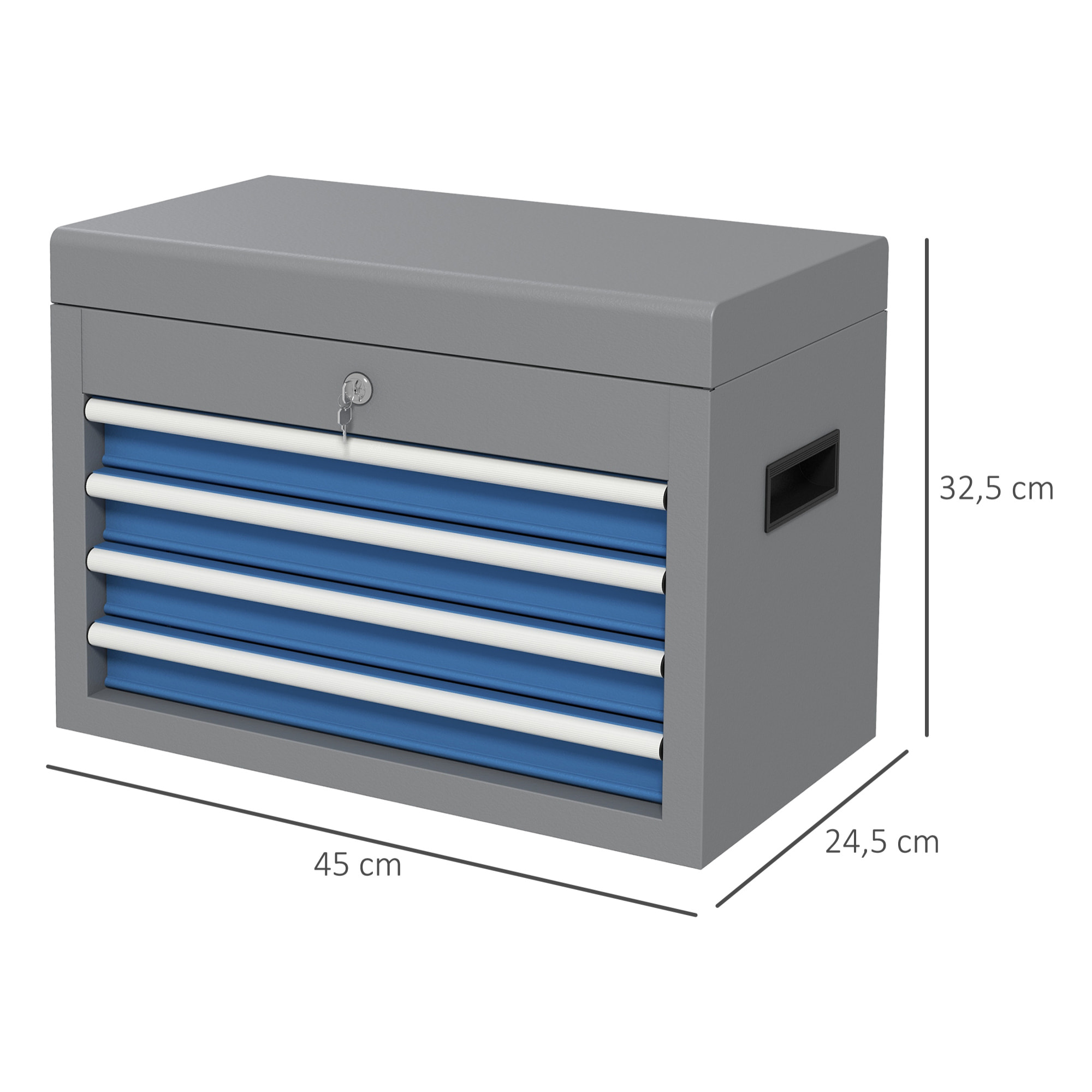 Boite à outils métallique caisse à outils - 4 tiroirs + plateau verrouillables - tapis EVA poignées tôle acier gris bleu