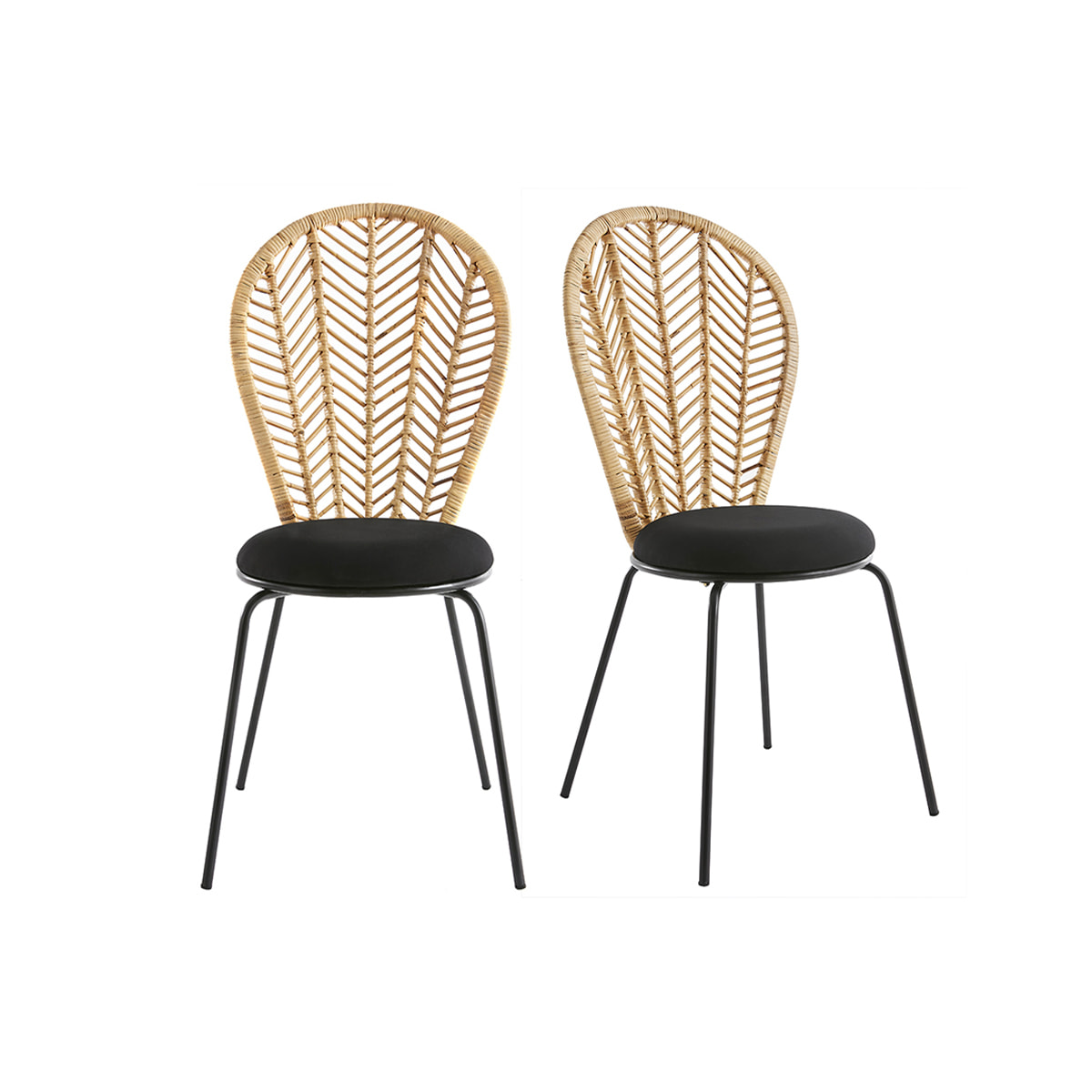 Chaises en rotin, tissu et métal noir (lot de 2) PEACOCK