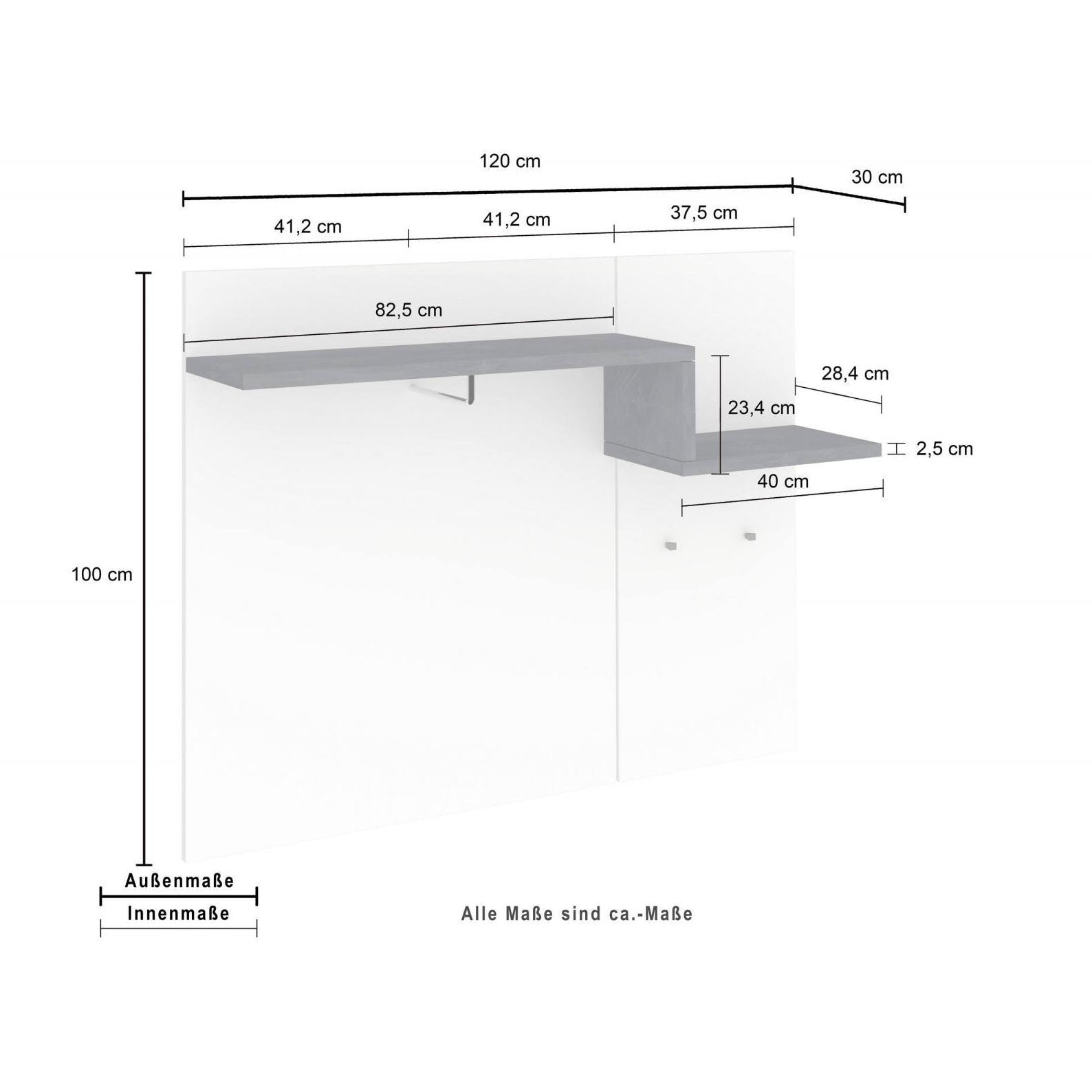 Appendiabiti orizzontale, Made in Italy, con ganci e tubo per appendini, Mobile per ingresso, cm 120x30h100, colore Bianco lucido e Grigio Ardesia