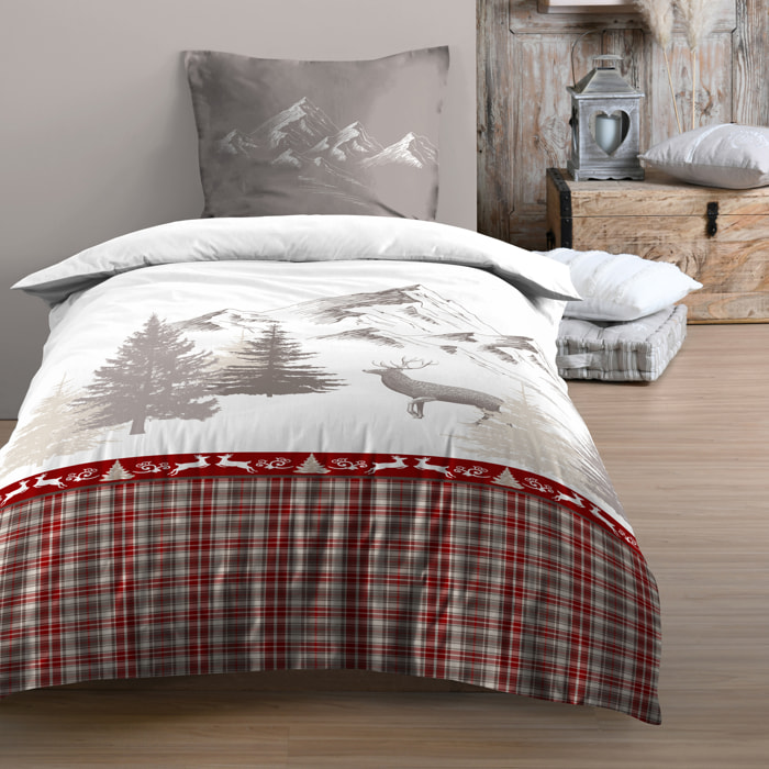Parure de lit 2 pièces imprimée motif cerf et montagne housse + taie - Rouge