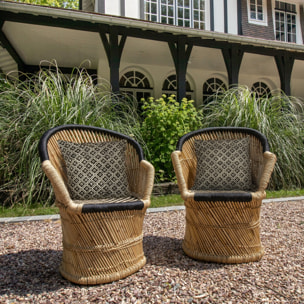 Lot de 2 fauteuils en bambou naturel et noir avec deux coussins noirs ZAMZEBE