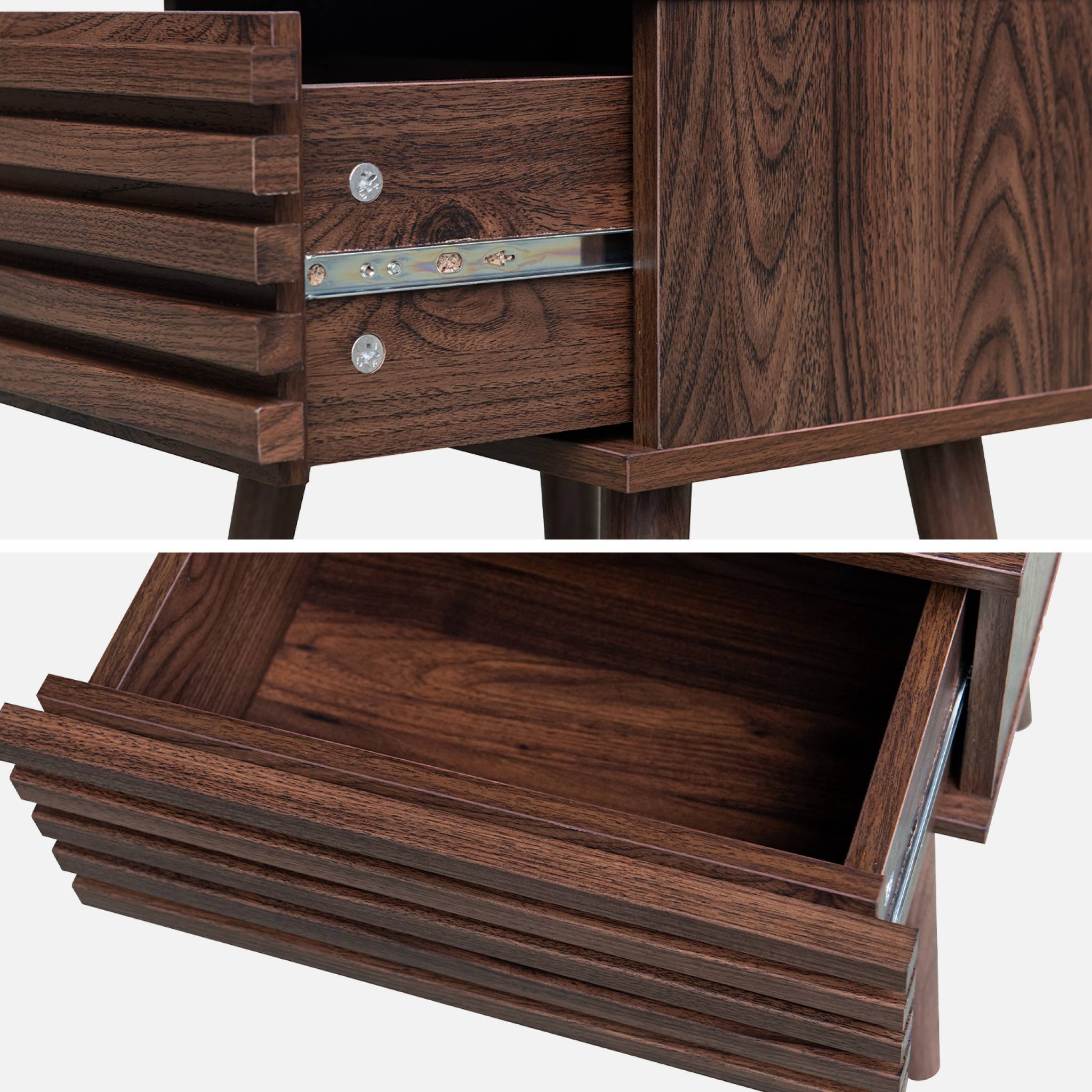 Table de chevet style scandinave décor bois couleur noyer avec tiroir rainuré et pieds compas