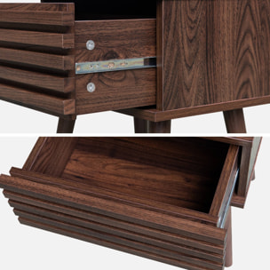 Table de chevet style scandinave décor bois couleur noyer avec tiroir rainuré et pieds compas