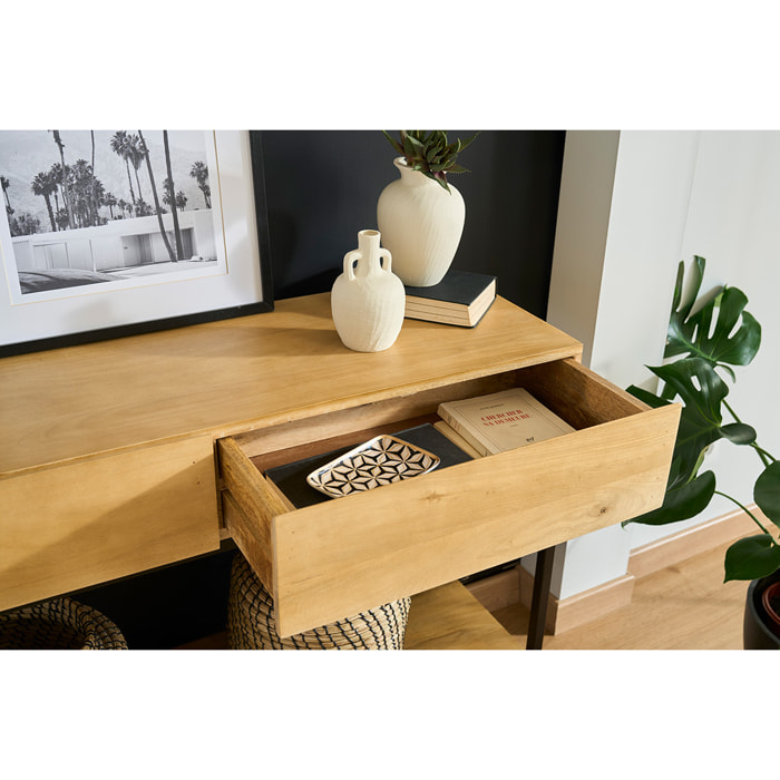 Console industrielle avec rangements 2 tiroirs en bois manguier massif et métal noir L110 cm YPSTER
