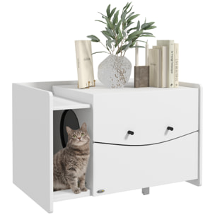 Maison de toilette pour chat - meuble cache litière - compartiment coulissant, aérations, tapis de fuite - blanc