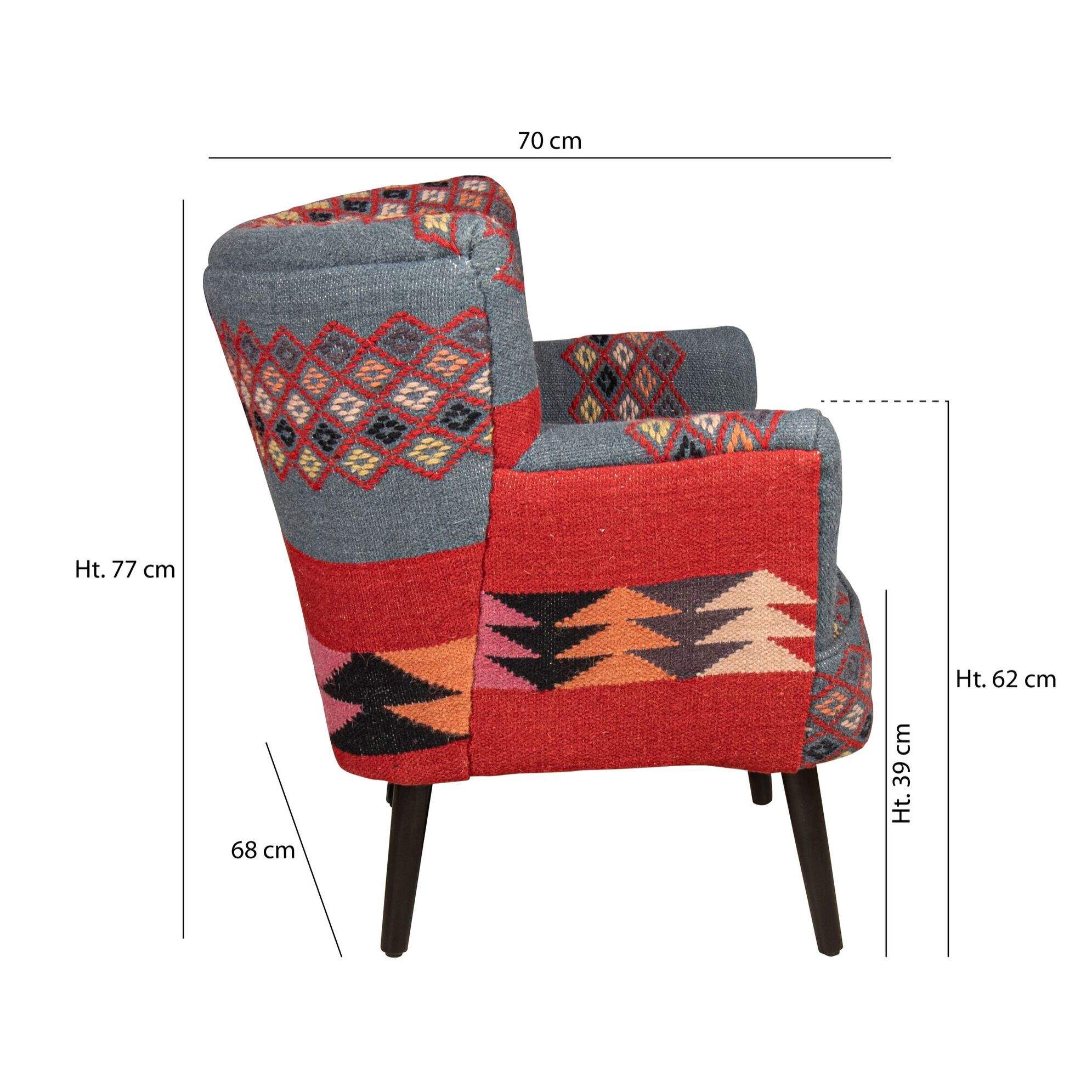 Fauteuil en kilim brodé main et pieds en bois noir INCA