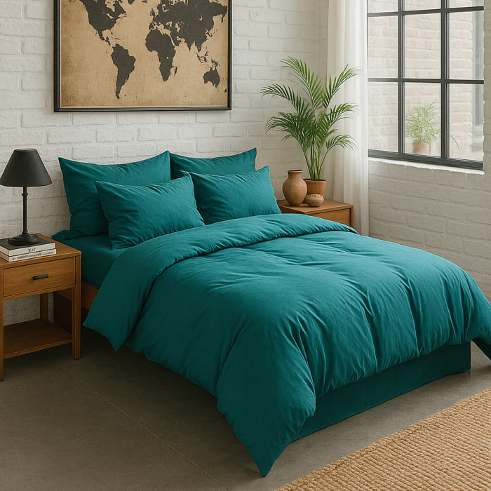 Housse de couette 100% percale de coton lavé bleu canard