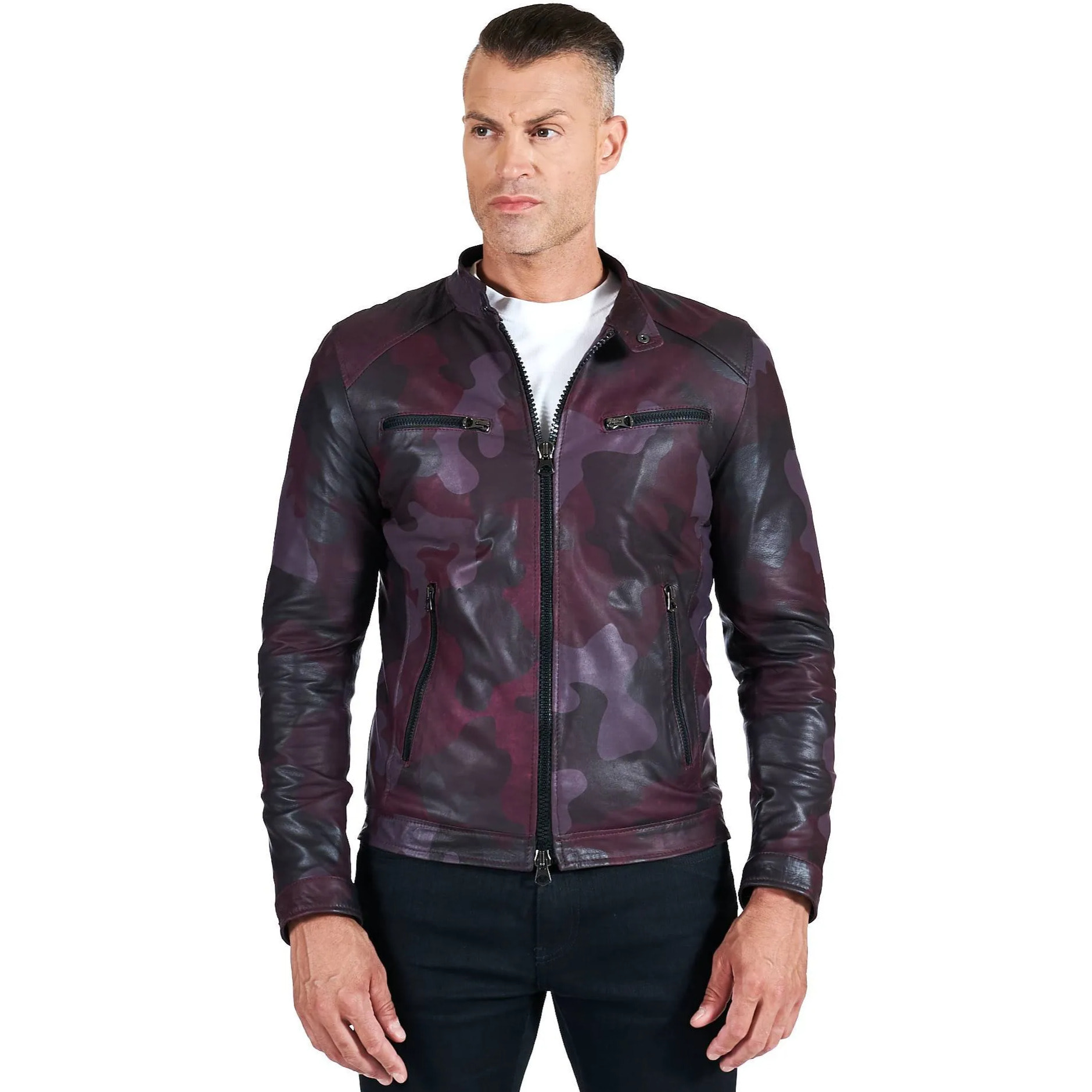 Giacca in pelle militare bordeaux effetto liscio