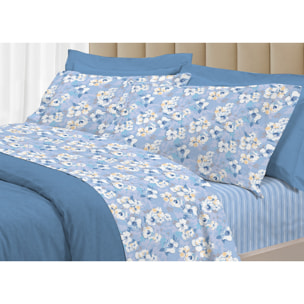 Completo Lenzuola Linea 3027 In Percalle Fantasia Floreale Disegno Indie Azzurro