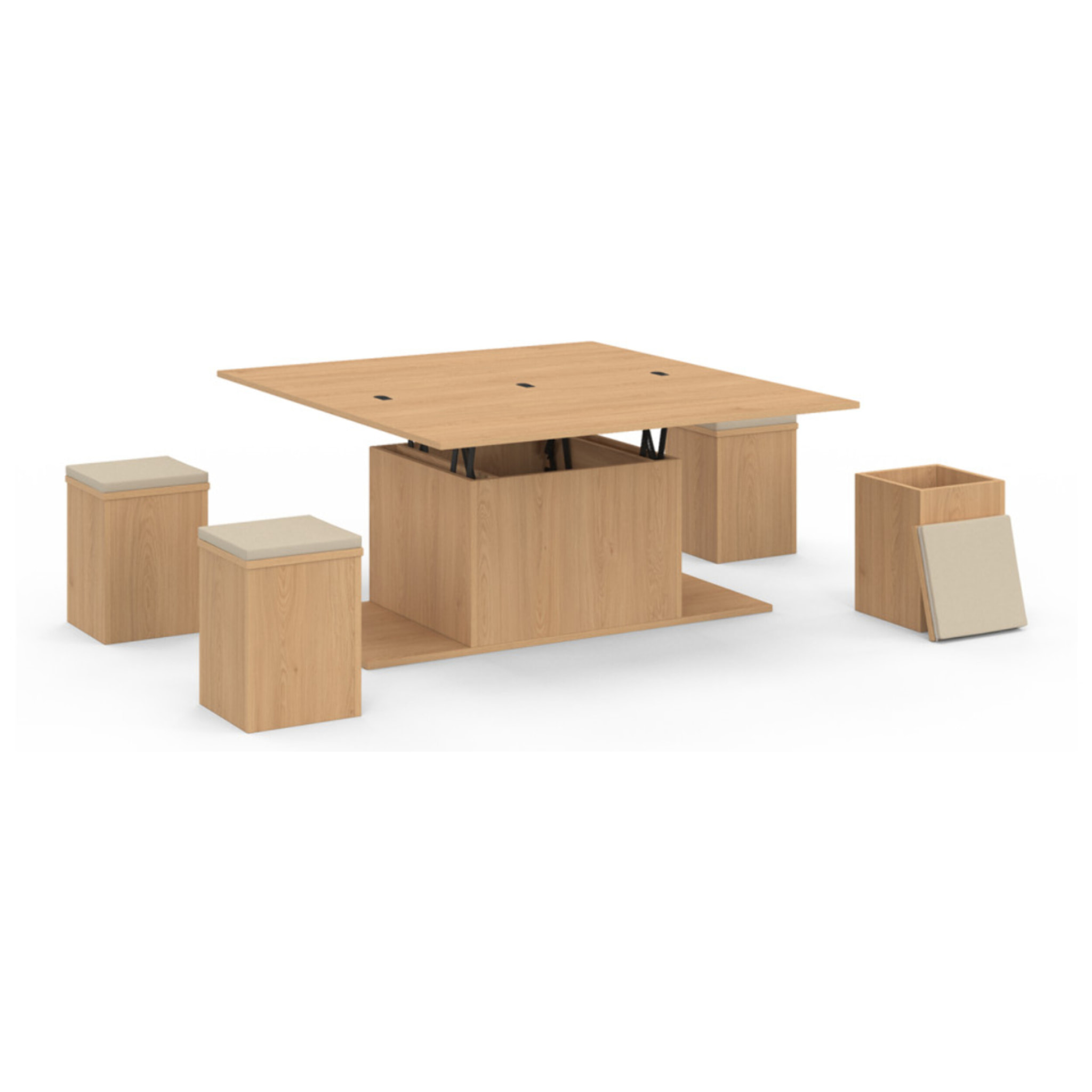 Table basse Tania 2 en 1 avec plateau dépliant et 4 assises