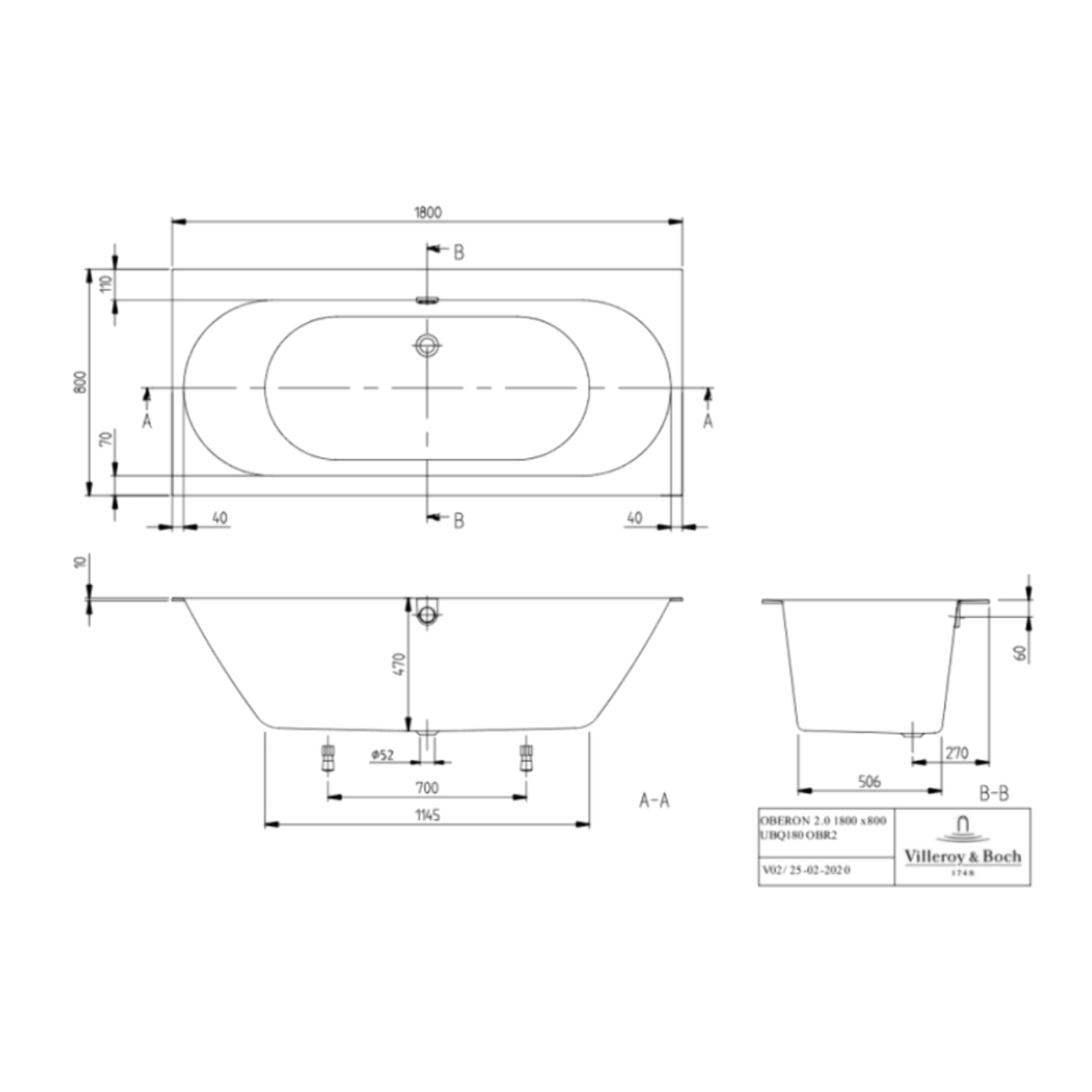 Baignoire droite 180 X 80 VILLEROY & BOCH Oberon 2.0 blanc mat