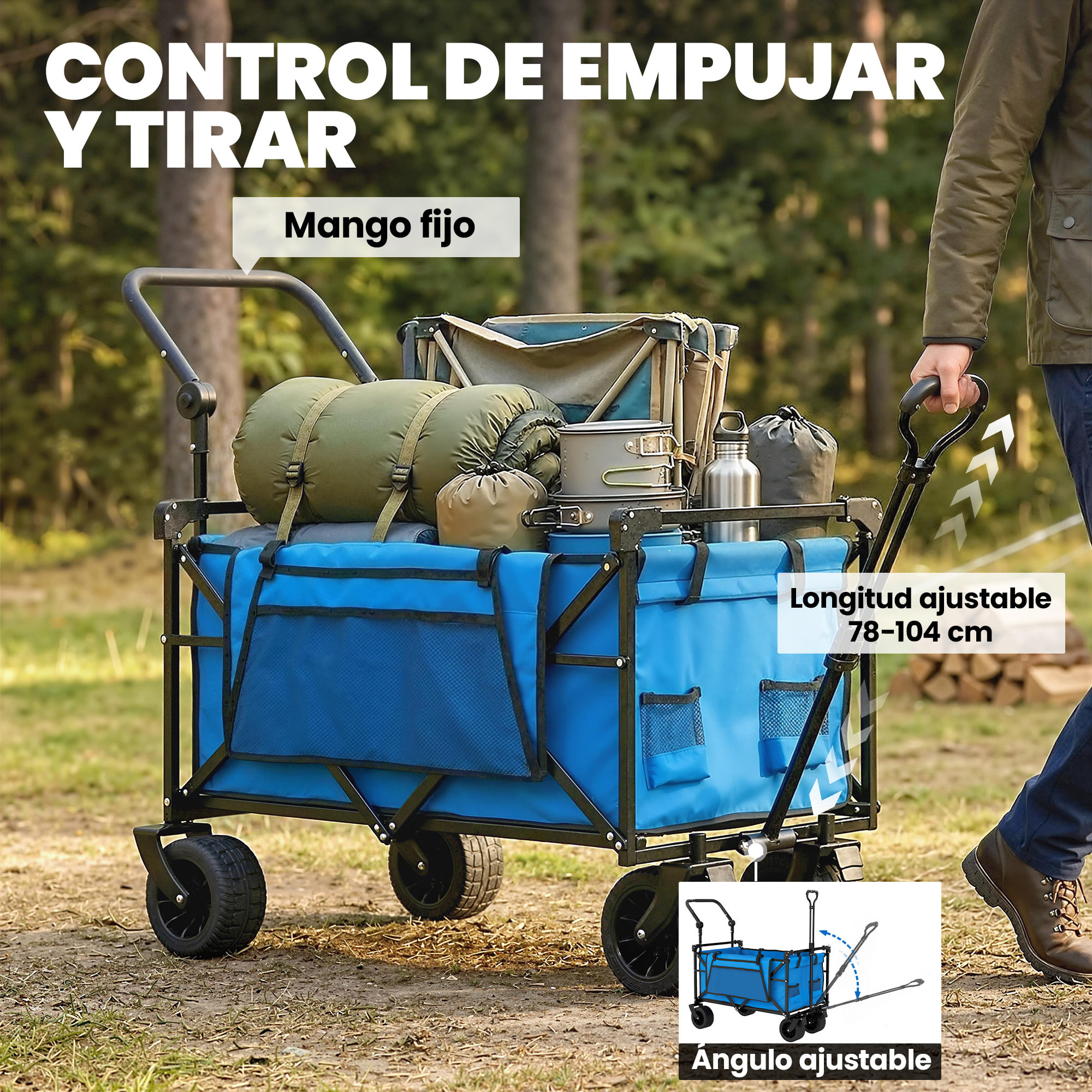 Carro Playa con Ruedas Grandes con Freno, Techo Extraíble, Carro Plegable para Jardín con Barra Ajustable, Portavasos y Bolsillos, Carga 100 kg, para Todo Terreno, Campaña, Compras, Azul