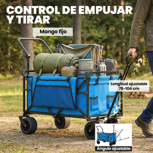 Carro Playa con Ruedas Grandes con Freno, Techo Extraíble, Carro Plegable para Jardín con Barra Ajustable, Portavasos y Bolsillos, Carga 100 kg, para Todo Terreno, Campaña, Compras, Azul