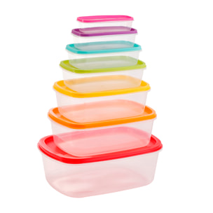 Set de 7 fiambreras de plástico rectangulares con diseño multicolor.