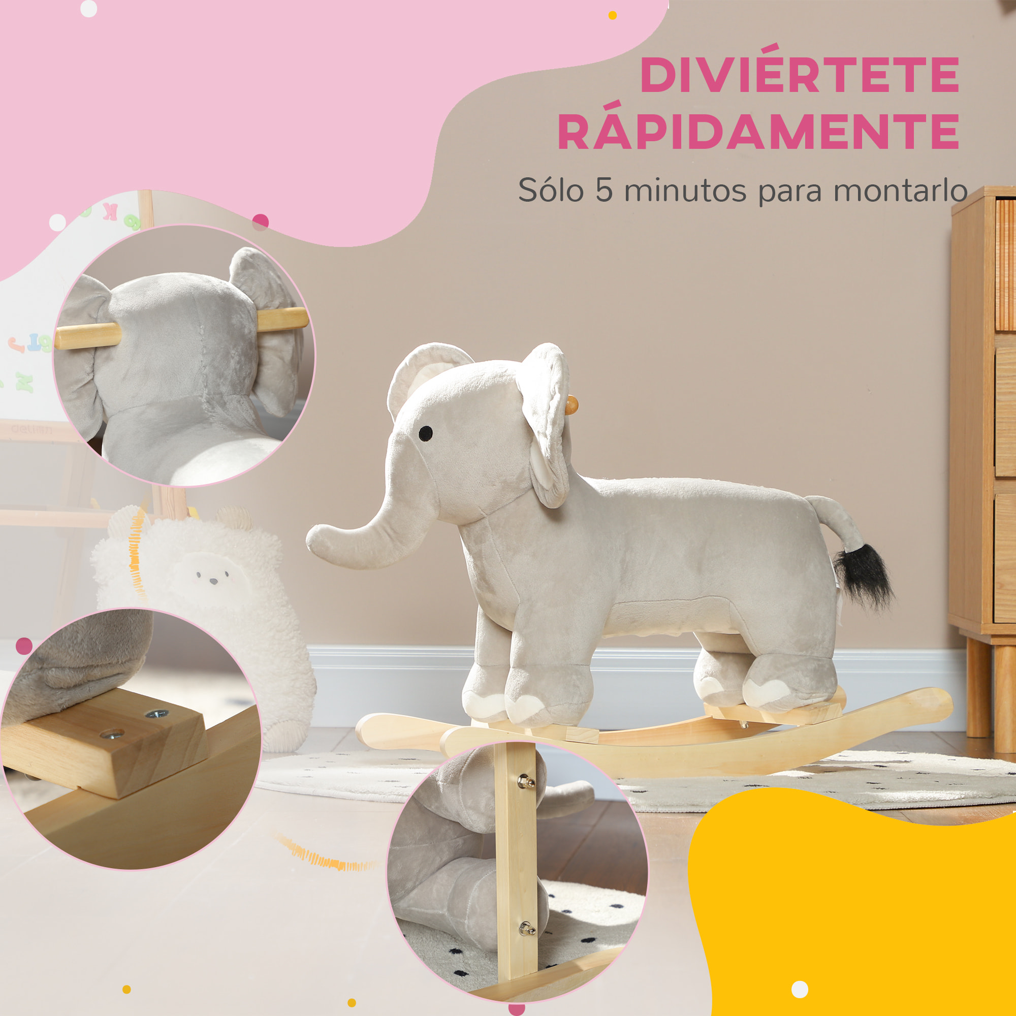 Caballo Balancín para Niños de 2-4 Años Caballo de Juguete en Forma de Elefante con Sonido Asas y Base de Madera Carga 40 kg 64,5x31x52 cm Gris