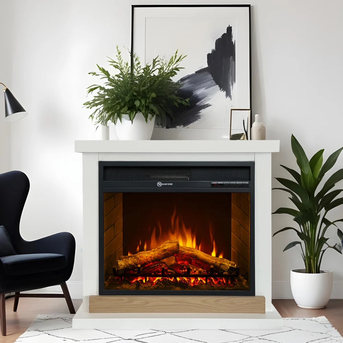 Stoccolma - Camino Elettrico da Terra con Effetto Fiamma 75,5x70x28 cm in Legno Bianco