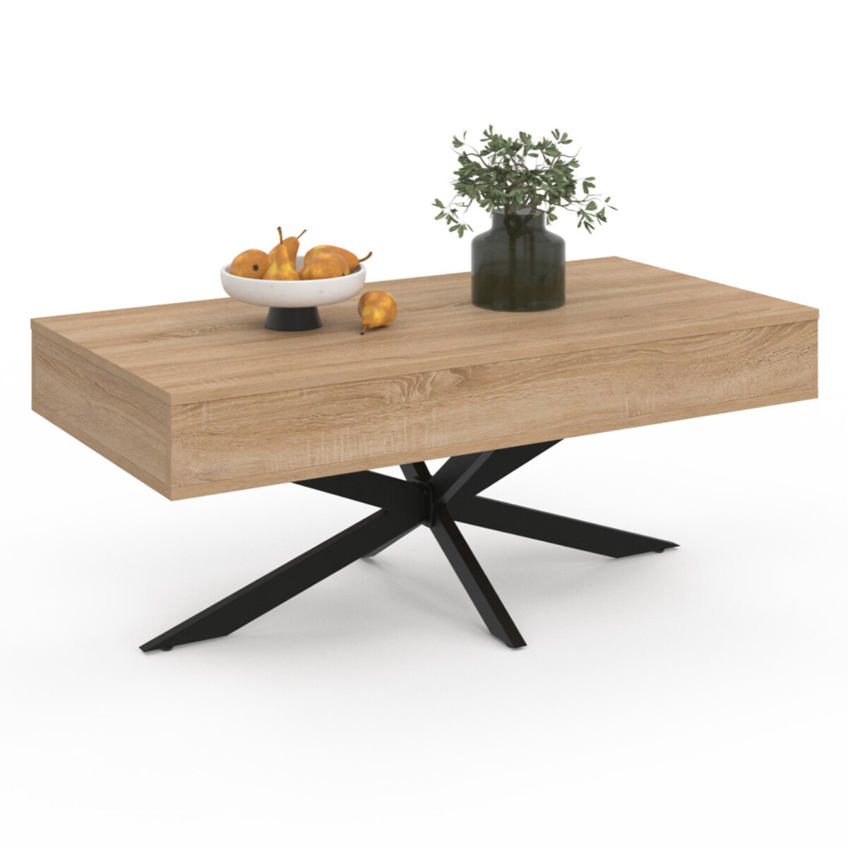 Table basse Spider relevable bois et pieds croisés noir