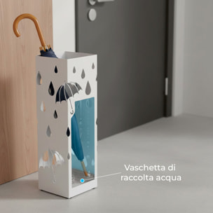 Portaombrelli In Acciaio Zincato Con Vaschetta Scolapioggia E 4 Ganci Removibili Base Antiscivolo Design Moderno Ingresso  49 x 15.5 x 15.5 Cm Bianco