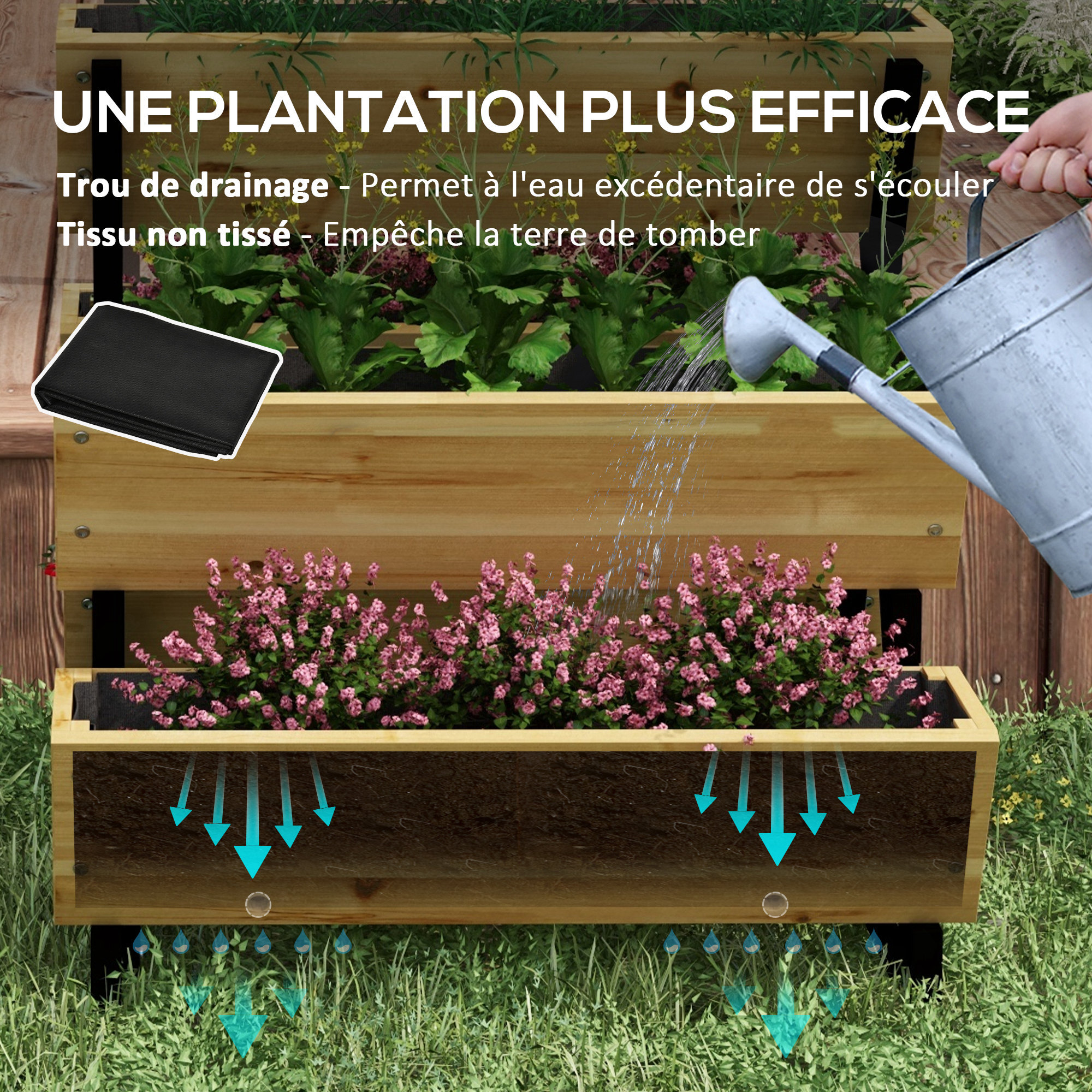 Jardinière escalier 5 bacs design - dim. 75L x 78lx 77H cm - bois sapin pré-huilé noir
