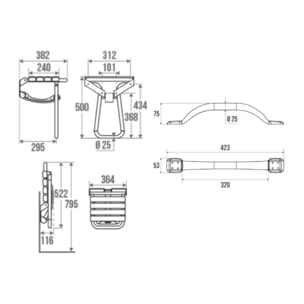 Pack avec siège de douche PMR PELLET escamotable noir mat + 2 barres d'appui 42,5 cm