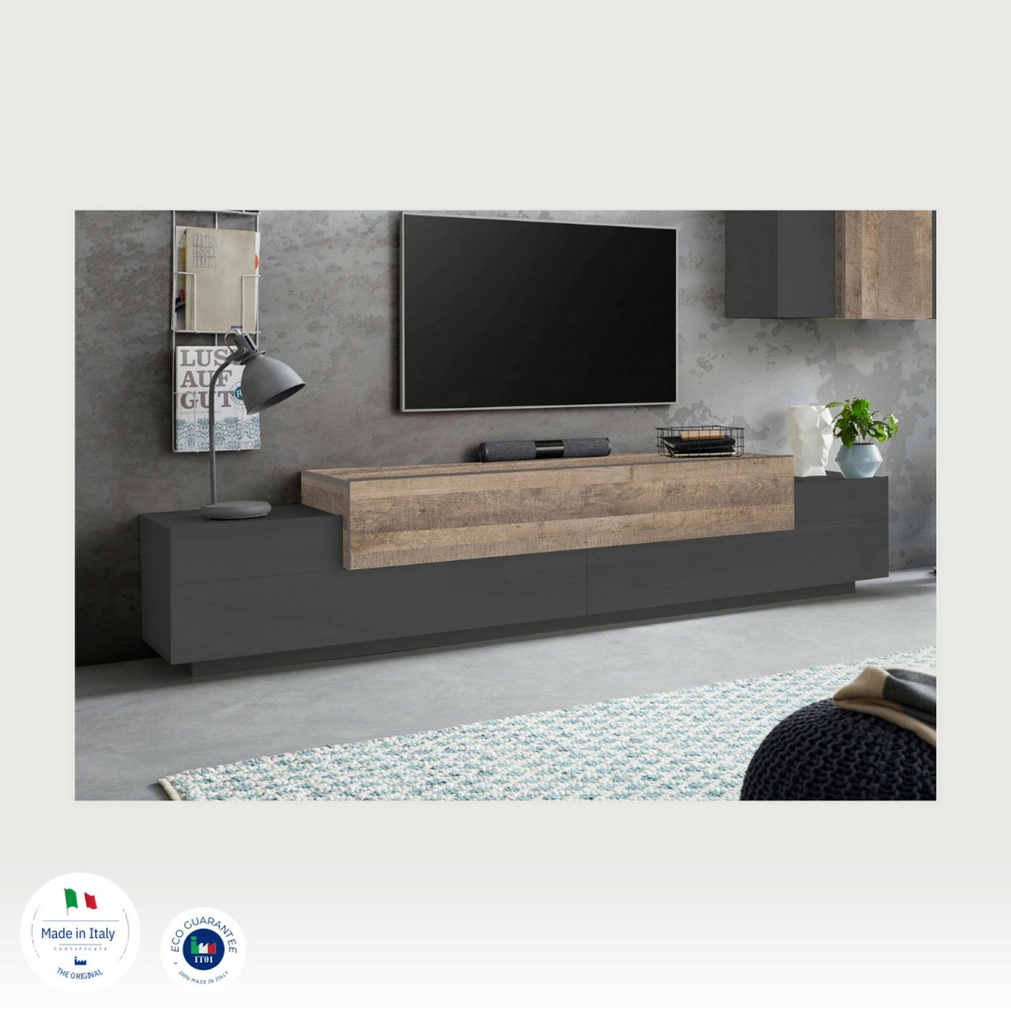 Mobile porta TV Nico, Credenza bassa da soggiorno, Base porta TV, 100% Made in Italy, cm 240x45h52, Antracite e Acero