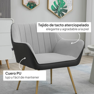 Butaca de Salón Sillón de Salón Tapizado en Cuero Sintético y Terciopelo con Reposabrazos Patas Doradas y Marco de Acero Butaca para Dormitorio Sala de Estar Carga 120 kg Gris