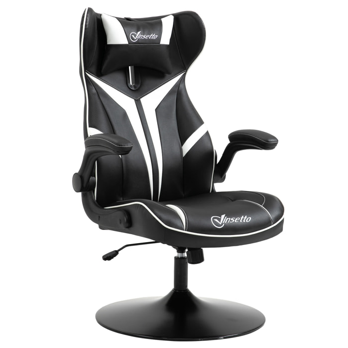 Fauteuil gaming base ronde métal pivotante 360° hauteur réglable tétière accoudoirs relevables PVC blanc noir