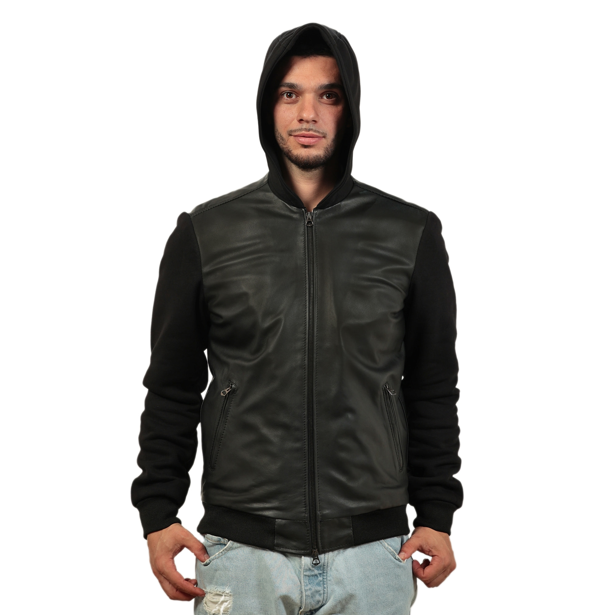 Giubbino in vera pelle di vitello con maniche e cappuccio in felpa Nero-Slim Fit