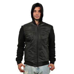Giubbino in vera pelle di vitello con maniche e cappuccio in felpa Nero-Slim Fit