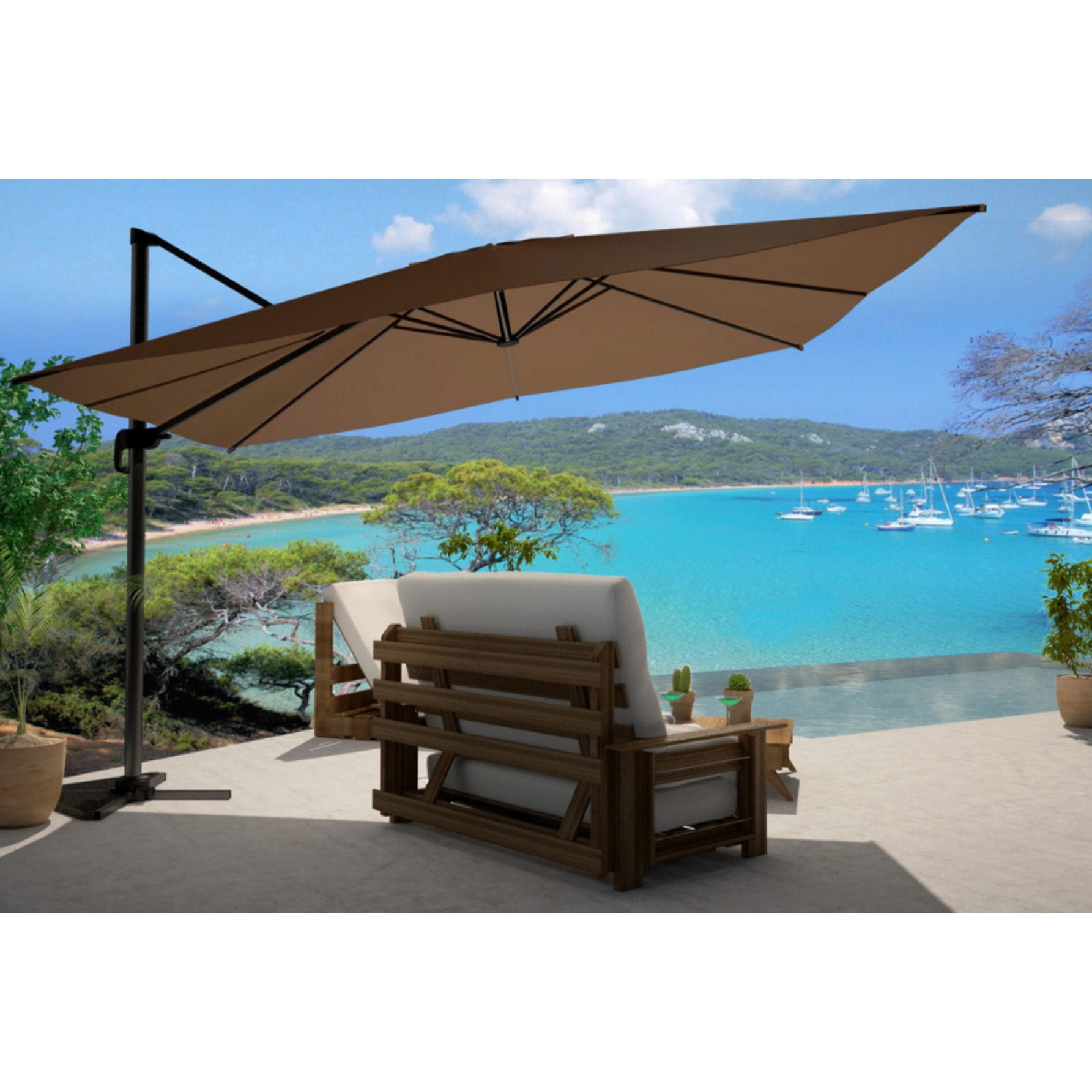 Parasol déporté et rotatif 3 x 4 m chocolat NAVIA