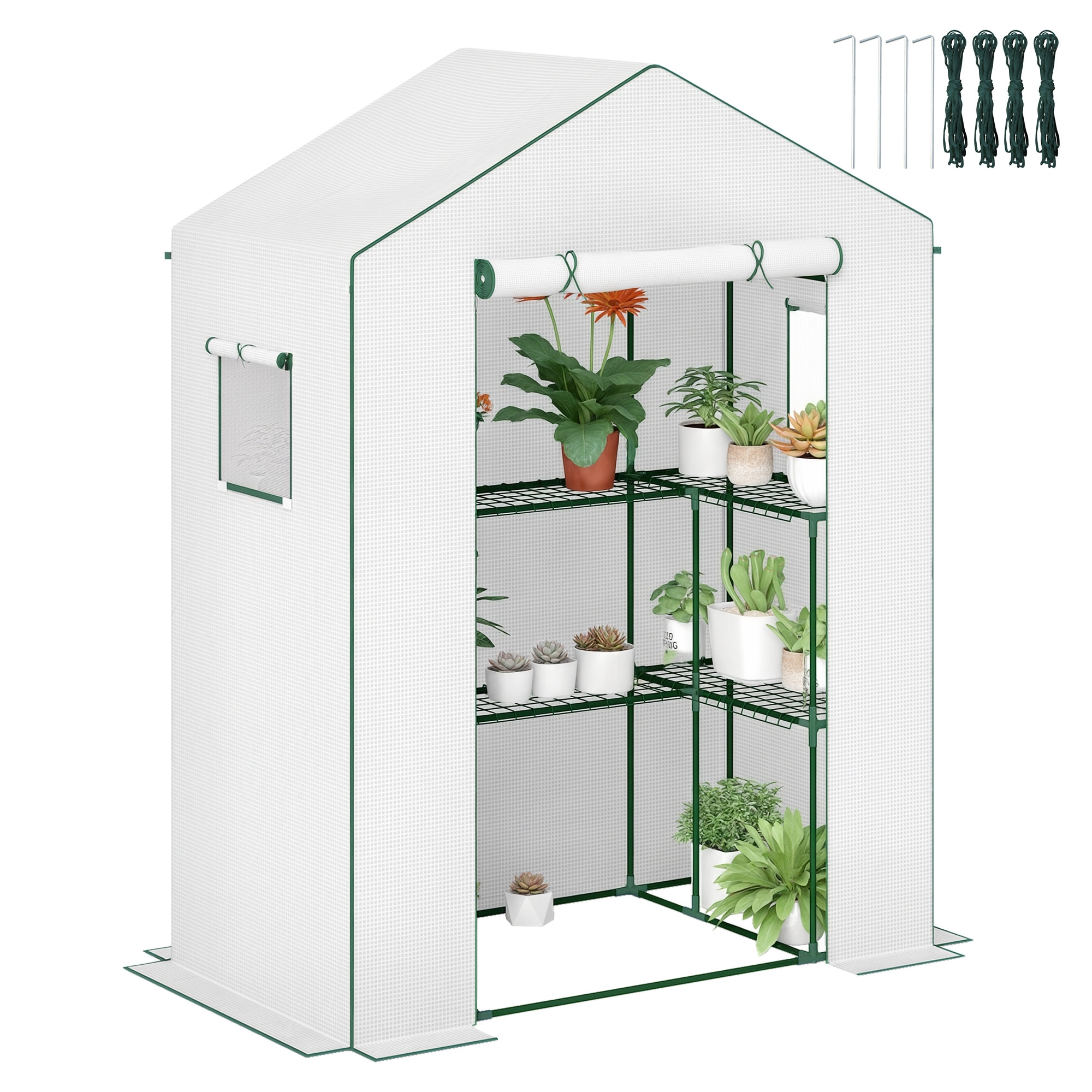 Invernadero de Exterior de 3 Niveles Invernadero de Jardín con Puerta Enrollable 2 Ventanas Estantes en Forma de U para Cultivo de Plantas en Terraza Patio 140x73x190 cm Blanco