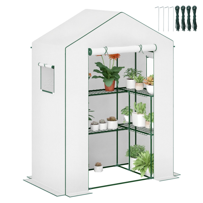 Invernadero de Exterior de 3 Niveles Invernadero de Jardín con Puerta Enrollable 2 Ventanas Estantes en Forma de U para Cultivo de Plantas en Terraza Patio 140x73x190 cm Blanco