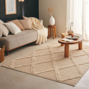 HARMONIE - Tapis de salon beige à motif berbère en relief