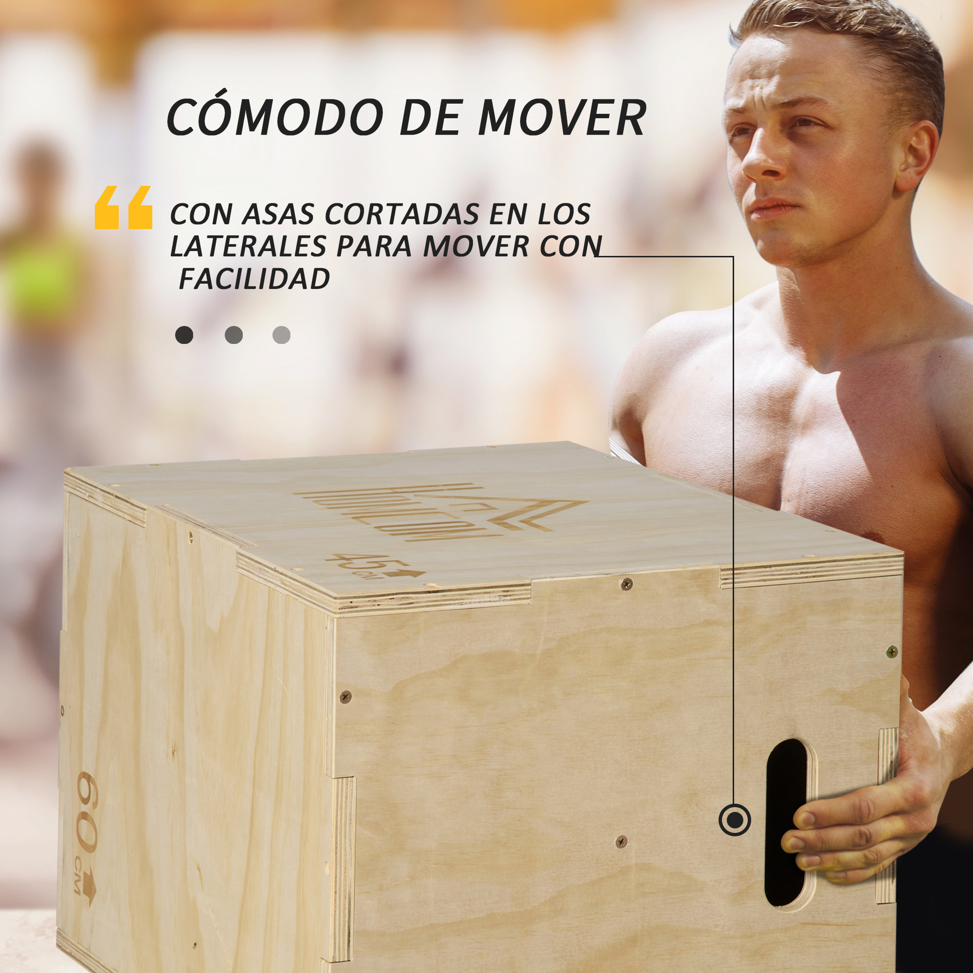 Caja Pliométrica de Madera 3 en 1 Caja de Salto con 2 Mango Hueco Entrenamiento de Fuerza en Casa Oficina Gimnasia CrossFit Carga 120 kg 45x40x60 cm Madera Natural