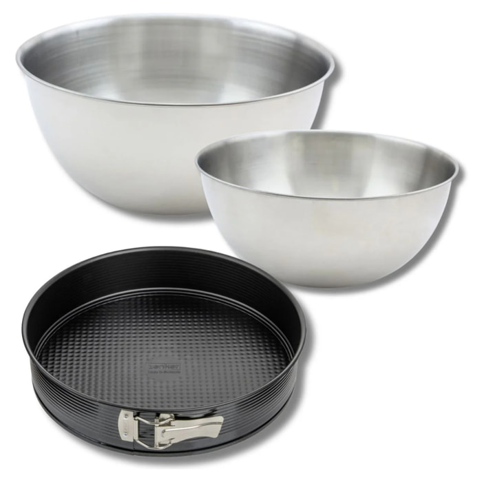 Lot comprenant 1 Moule à manqué 28 cm, 1 spatule Zenker et 2 bols à mixer en inox Fackelmann