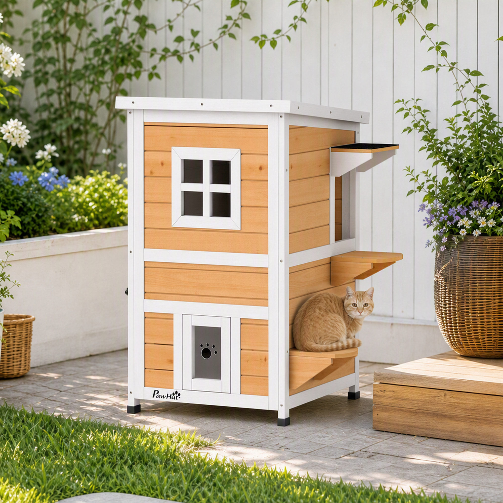 PawHut Caseta para Gatos de Madera Exterior, Casa para Gatos de 2 Niveles con Techo Abatible, Panel Central Extraíble, Ventanas, Puertas, para Terraza, Balcón, Jardín, 51x51x81,3 cm, Natural