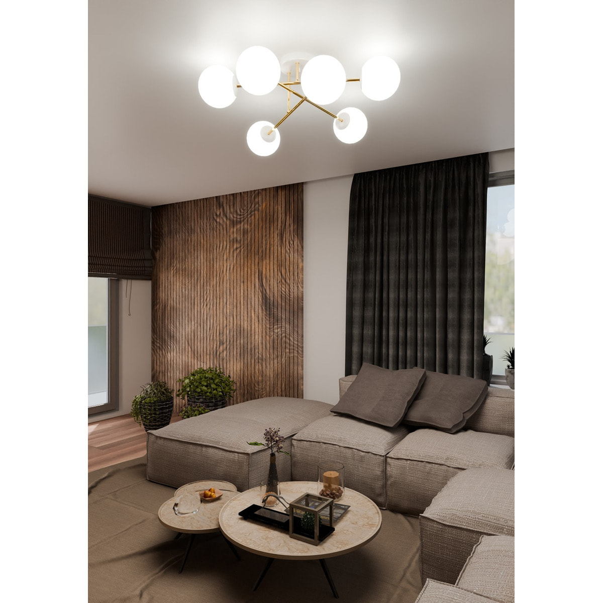 Lampada a sospensione Magnum con struttura oro e sfere in vetro