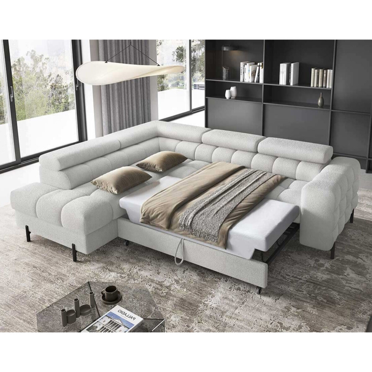 Elisa - canapé d'angle gauche 5 places convertible avec coffre et têtières réglables en tissu bouclette - Gris clair