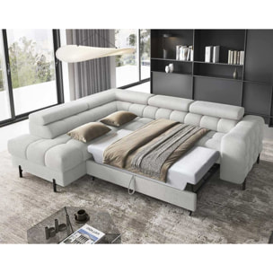 Elisa - canapé d'angle gauche 5 places convertible avec coffre et têtières réglables en tissu bouclette - Gris clair