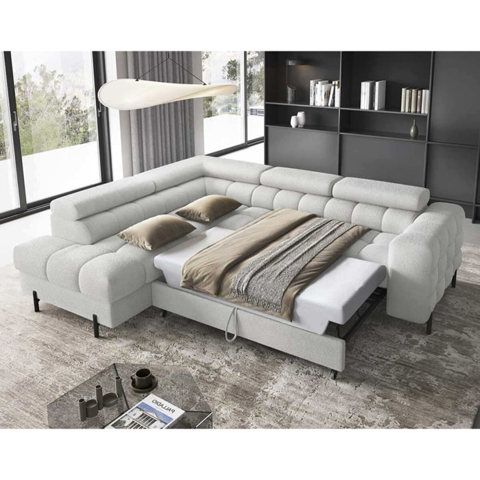 Elisa - canapé d'angle gauche 5 places convertible avec coffre et têtières réglables en tissu bouclette - Gris clair