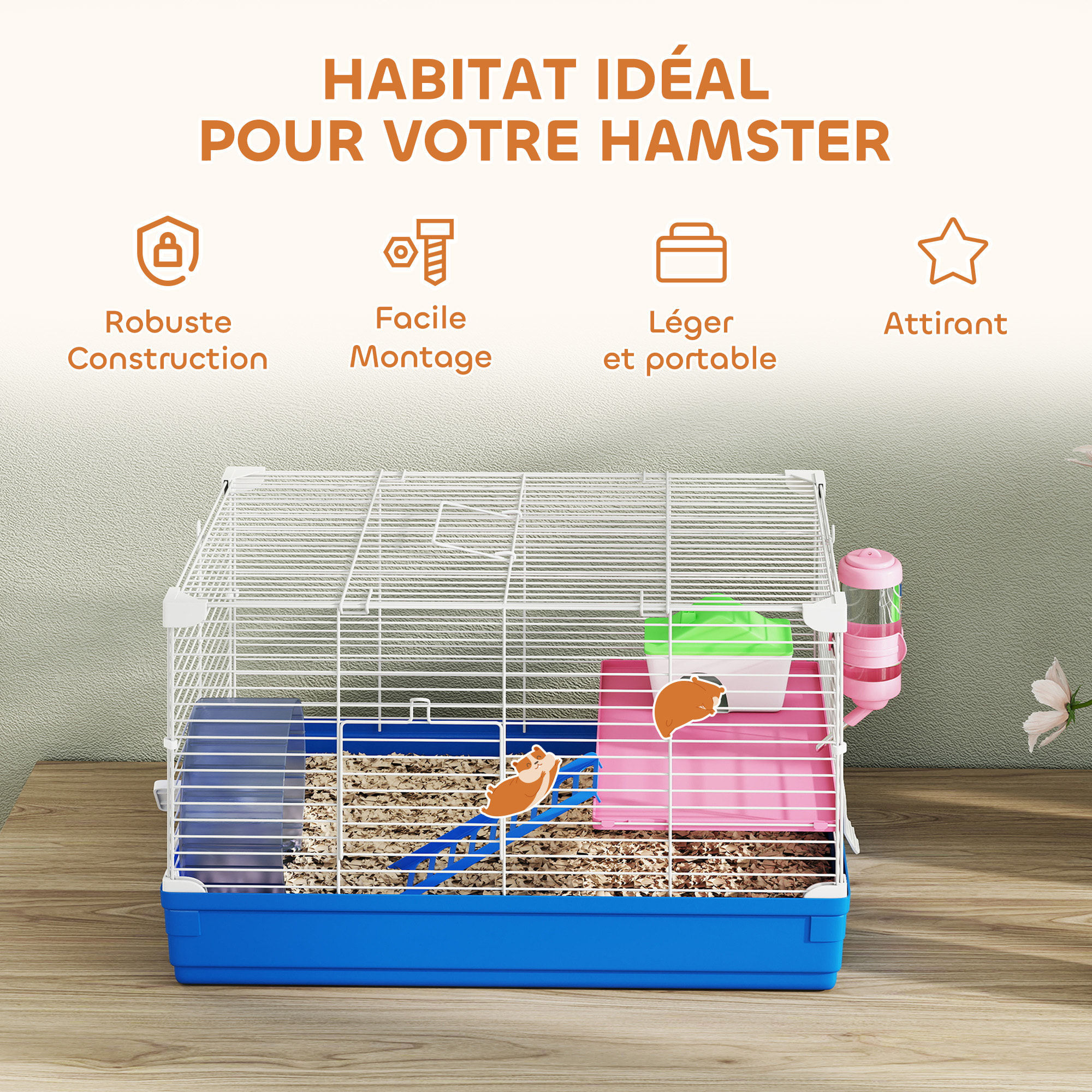 Cage rongeur hamster 2 niveaux cabane roue échelle biberon mangeoire 47 x 30 x 27 cm bleu blanc