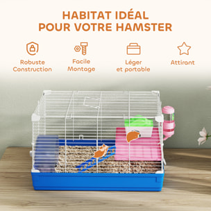 Cage rongeur hamster 2 niveaux cabane roue échelle biberon mangeoire 47 x 30 x 27 cm bleu blanc