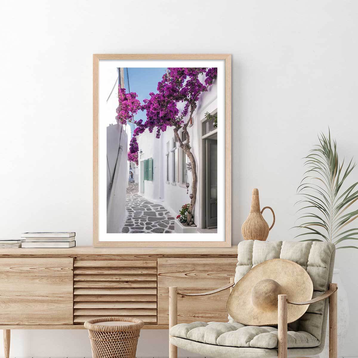 Poster bougainvilliers paros Affiche + cadre en bois - Chêne