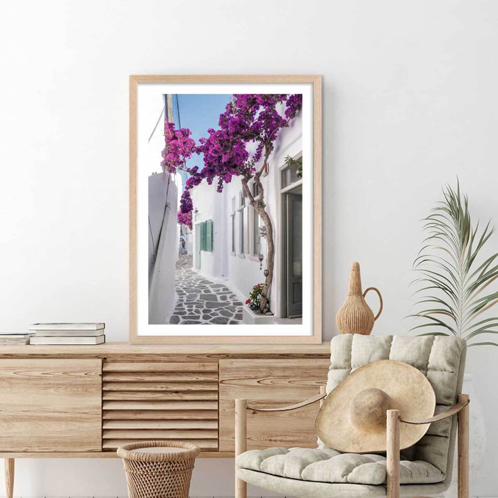 Poster bougainvilliers paros Affiche + cadre en bois - Chêne