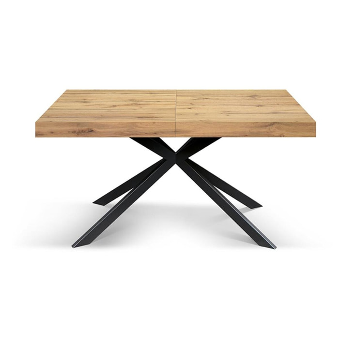 Tavolo CAMAIORE in legno, finitura rovere rustico e base a X in metallo antracite, allungabile 180×90 cm – 260×90 cm