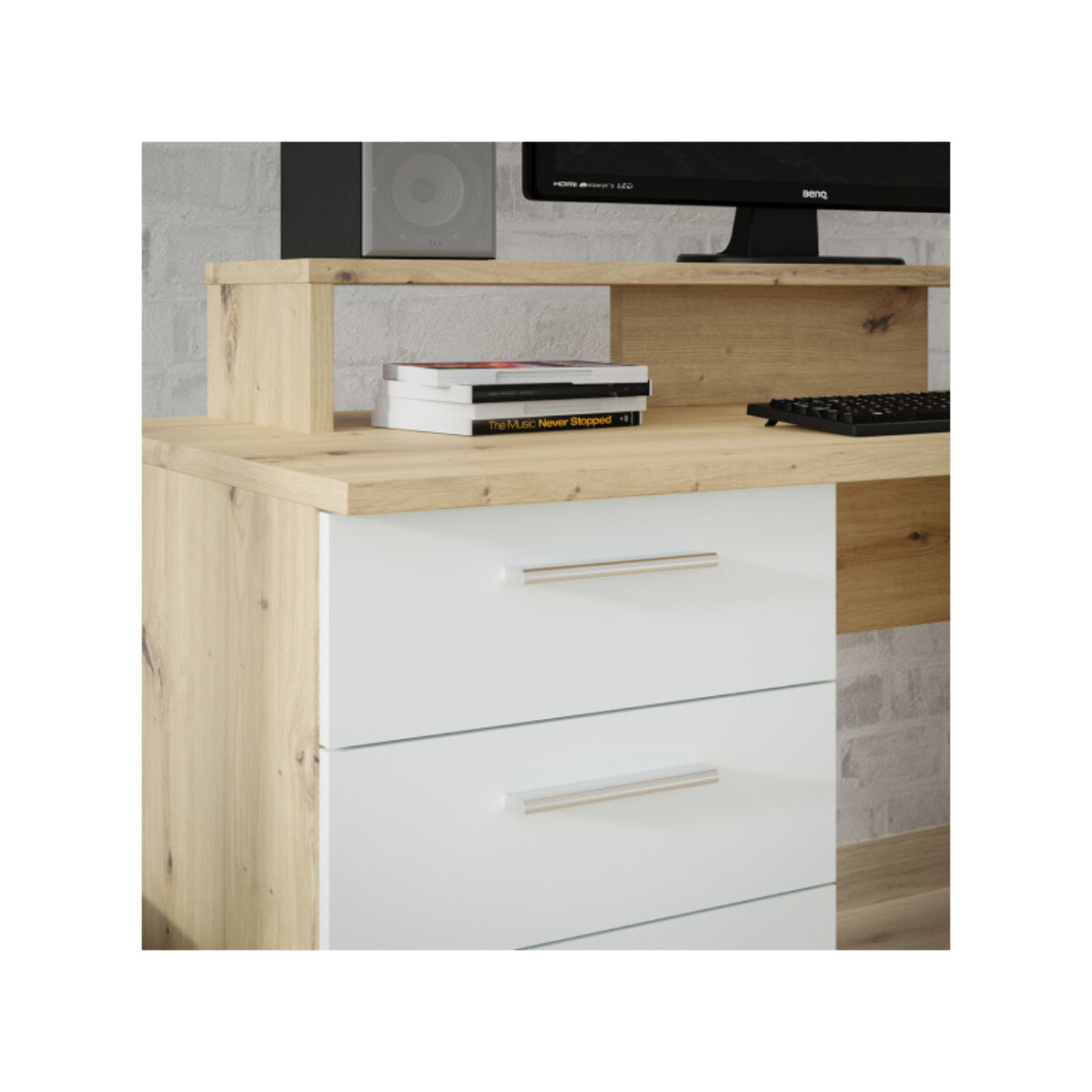 Bureau L145cm 4 tiroirs 1 porte 1 tablette décor gris et chêne - ELENA