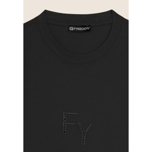 T-shirt Girocollo con Ricamo Traforato del Logo