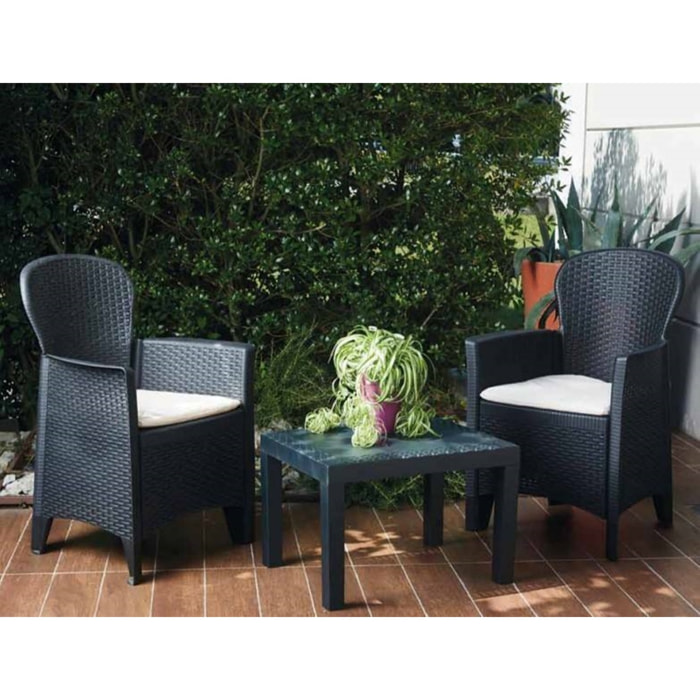 Set salotto da esterno Aneta, Composizione da giardino con 2 poltrone ed 1 tavolino, Salottino effetto rattan con cuscini, 100% Made in Italy, Antracite