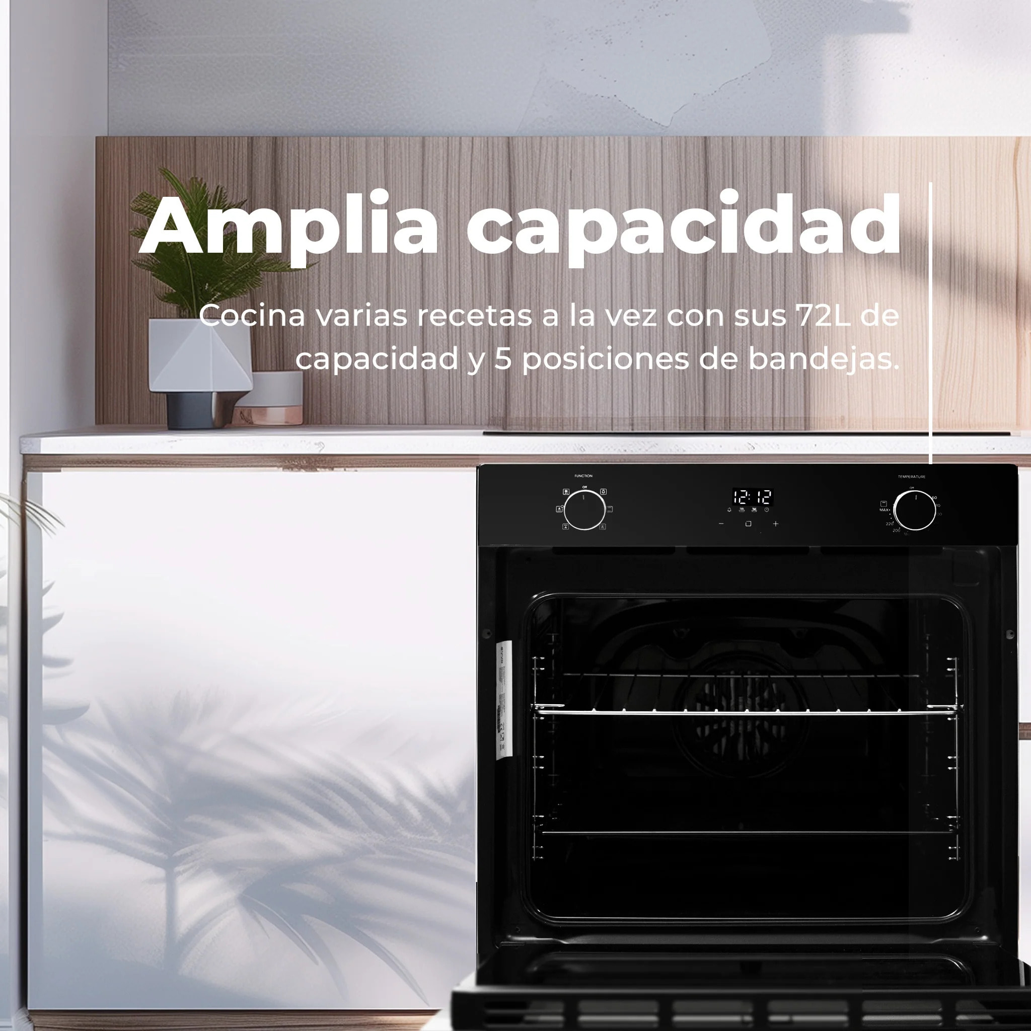 EVVO Horno integrable H20, 77L, clase A, 7 programas, display digital, temporizador, mando selector, puerta triple cristal, inox.