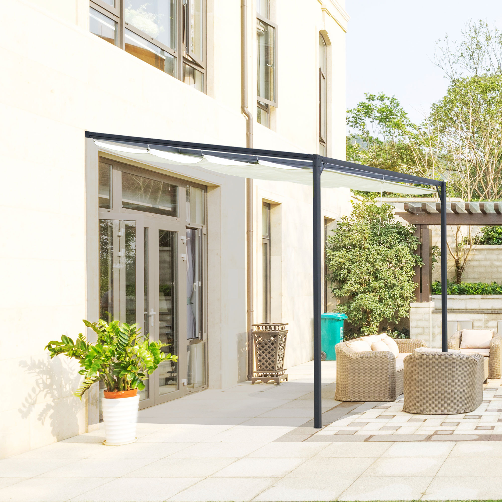 Pergola adossable retractable polyester haute densité crème métal époxy gris